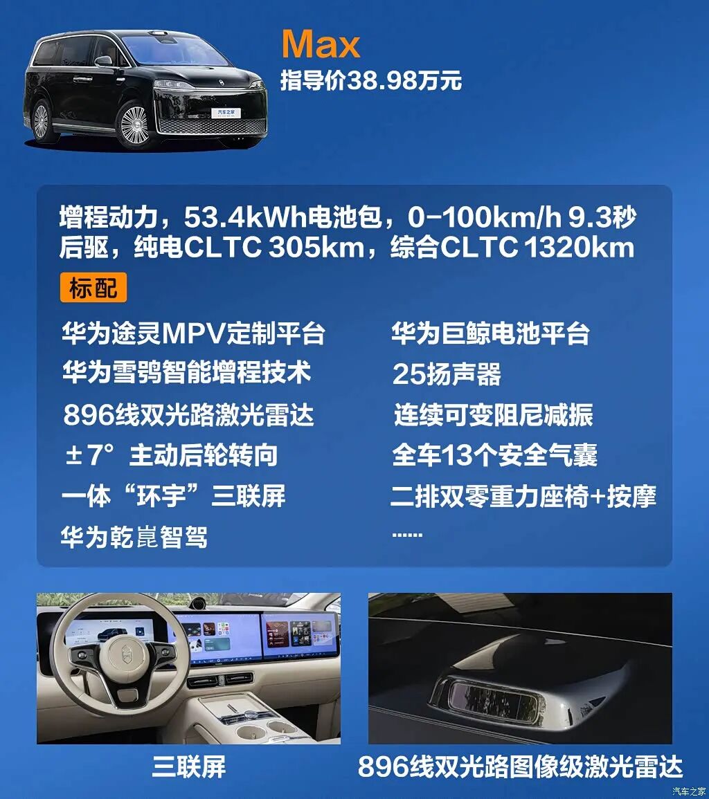896线激光雷达+二排旋转双零重力座椅，科技豪华都在线，排面拉满！